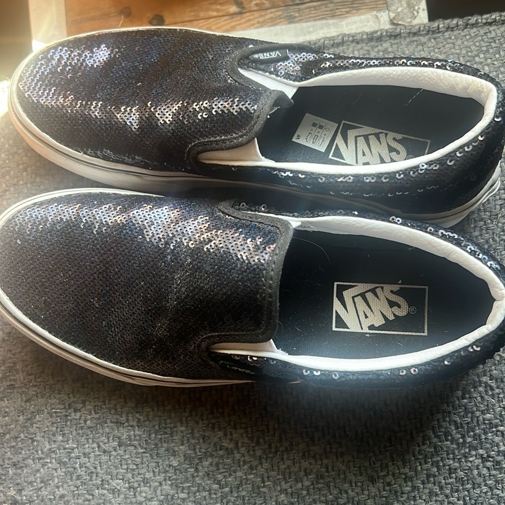 $89-Vans slip on black sequin shoes Size 8